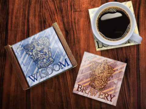 Harry Potter Glass Coaster Set - Hogwarts House Crests - Comes with Stylish Wooden Holder
