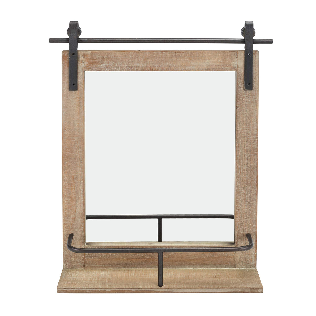 Danya B. Rustic Industrial Wood-Framed Wall Mount Barn Door Vanity Mirror with Shelf and Iron Hardware - Decorative Rectangle Rustic Bathroom Mirror