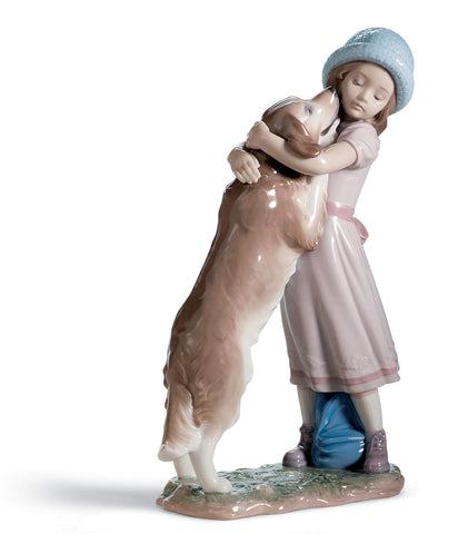 LLADRÓ A Warm Welcome Dog Figurine. Porcelain Girl Figure.