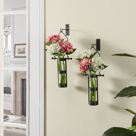 Danya B. QB102-2 Modern Home Décor - Wall Mount Hanging Glass Cylinder Vase Set with Metal Cradle and Hook