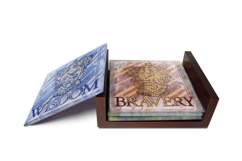 Harry Potter Glass Coaster Set - Hogwarts House Crests - Comes with Stylish Wooden Holder