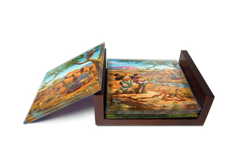 Disney Mickey and Minnie Mouse in Hollywood Glass 4 Piece Coaster Set - Thomas Kinkade - Comes with Stylish Modern Wooden Holder