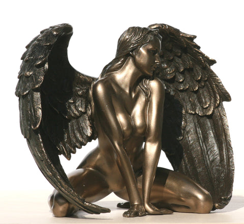Bronzed Finish Kneeling Nude Winged Female Statue