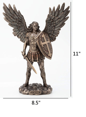 Veronese Design 11 Inch Saint Michael Archangel with Battle Shield and Sword Cold Cast Resin Material Antique Bronze Finish Angel Statue