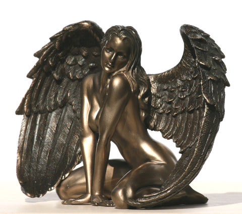 Bronzed Finish Kneeling Nude Winged Female Statue