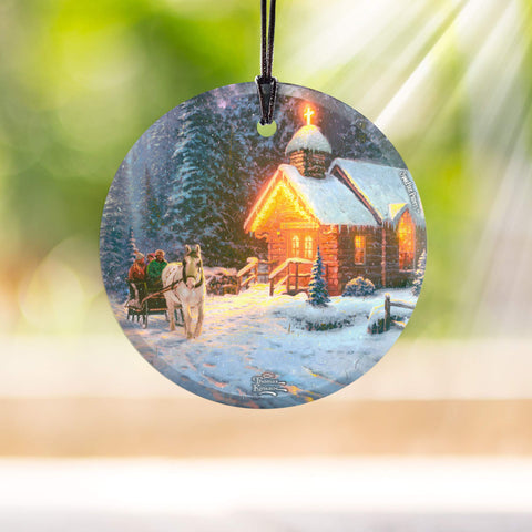 Thomas Kinkade - Christmas Chapel - 3.5” Starfire Prints Hanging Glass Print Accessory - Ideal Decoration for Gifting and Collecting