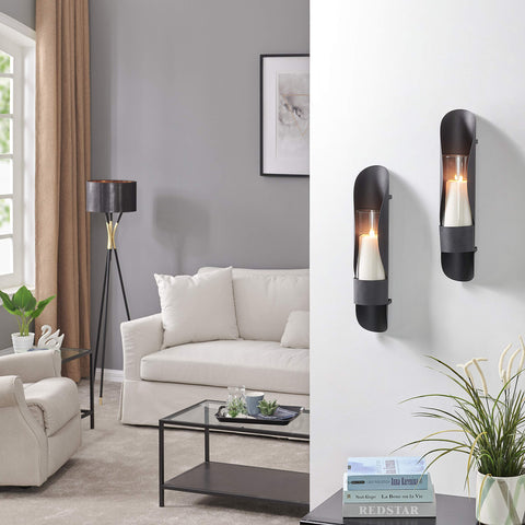 Danya B. SE2137 Iron and Glass Candle Wall Sconces - Wall Mount Hugging Metal Candle Holders with Glass Hurricanes - (Set of 2) - Black
