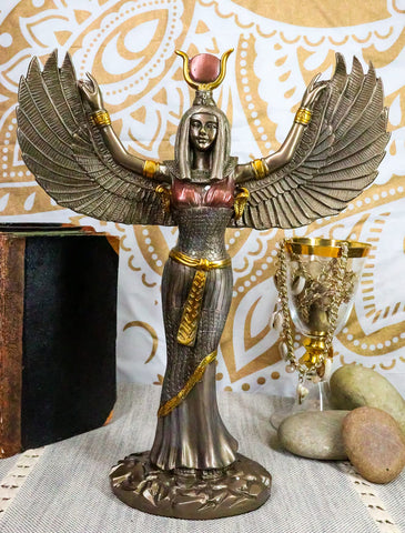 Ebros Gift Egyptian Goddess Isis Ra with Open Wings Statue 12" Tall Deity of Motherhood Magic Wisdom and Nature Home Decorative Sculpture Gods of Egypt Accent (Bronze Patina)