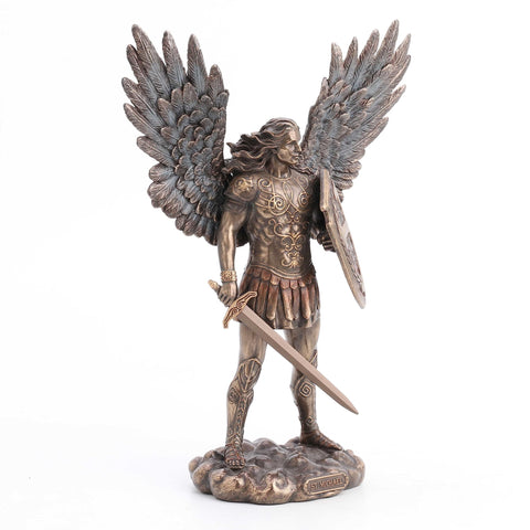 Veronese Design 11 Inch Saint Michael Archangel with Battle Shield and Sword Cold Cast Resin Material Antique Bronze Finish Angel Statue