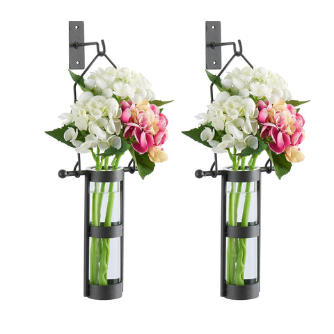 Danya B. QB102-2 Modern Home Décor - Wall Mount Hanging Glass Cylinder Vase Set with Metal Cradle and Hook