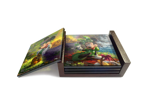 Disney Mickey and Minnie Mouse in Hollywood Glass 4 Piece Coaster Set - Thomas Kinkade - Comes with Stylish Modern Wooden Holder