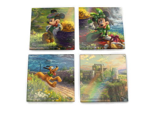 Disney Mickey and Minnie Mouse in Hollywood Glass 4 Piece Coaster Set - Thomas Kinkade - Comes with Stylish Modern Wooden Holder