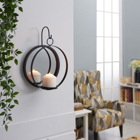 Danya B. Round Wrought Iron Pillar Candle Sconce with Mirror – A Decorative Rustic Metal Hanging Wall Candleholder