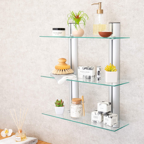 Danya B HA83163 Bathroom Shelving Unit – Decorative Wall-Mount 3-Tier Adjustable Glass Wall Shelves on Aluminum Bars – Bathroom Shelf, Wall Mount Shelf