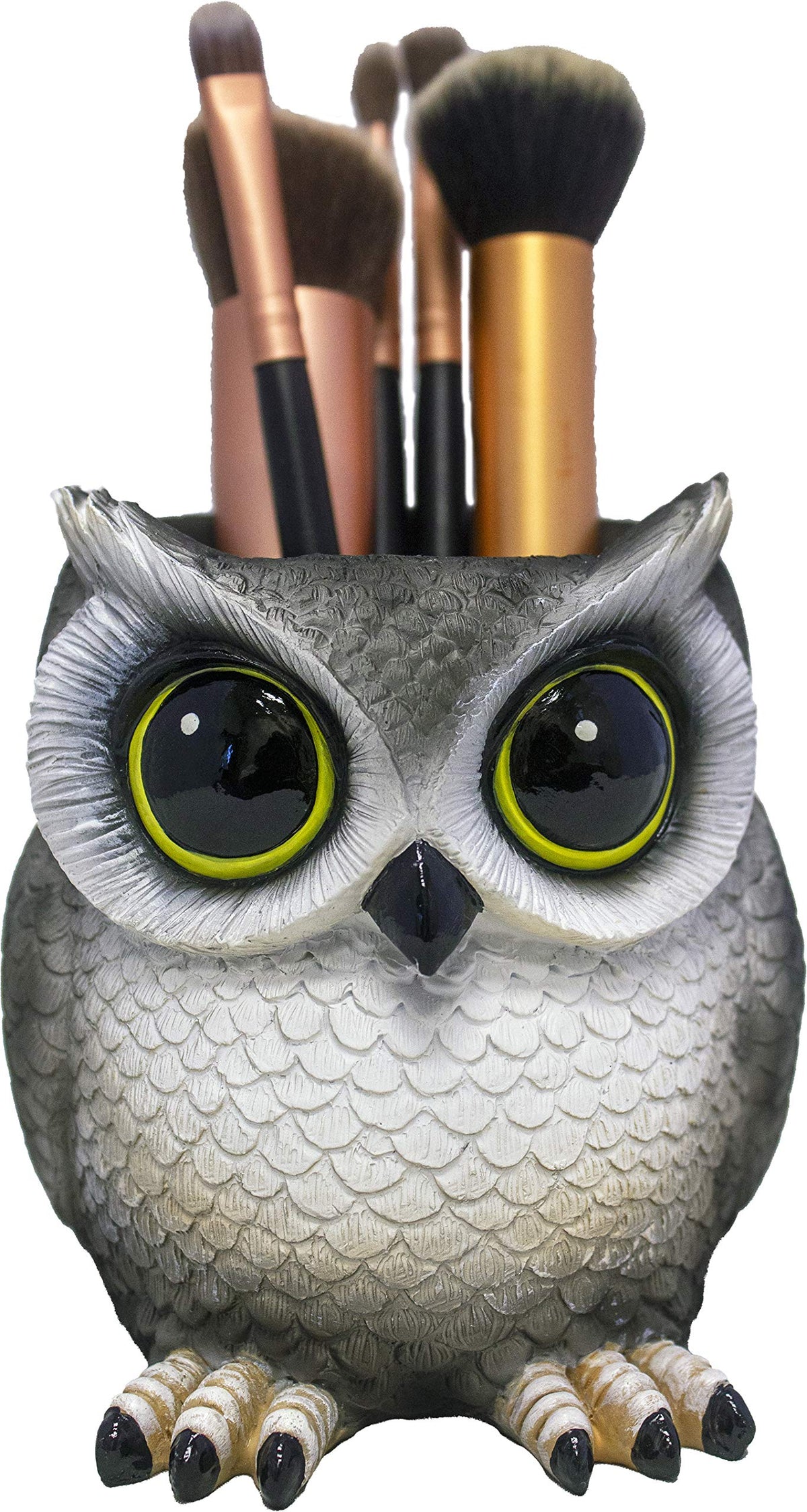 DWK Grey Owl Makeup Brush Holder Organizer Caddy | Handmade Bath Products and Makeup Organizer for Vanity | Farmhouse Gifts Owls Decor Cute Statues for Home Decor - 4"