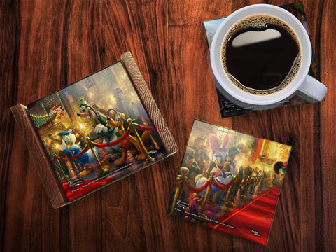 Disney Mickey and Minnie Mouse in Hollywood Glass 4 Piece Coaster Set - Thomas Kinkade - Comes with Stylish Modern Wooden Holder
