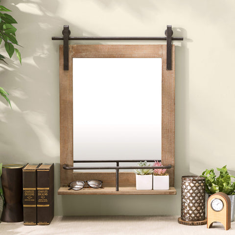 Danya B. Rustic Industrial Wood-Framed Wall Mount Barn Door Vanity Mirror with Shelf and Iron Hardware - Decorative Rectangle Rustic Bathroom Mirror