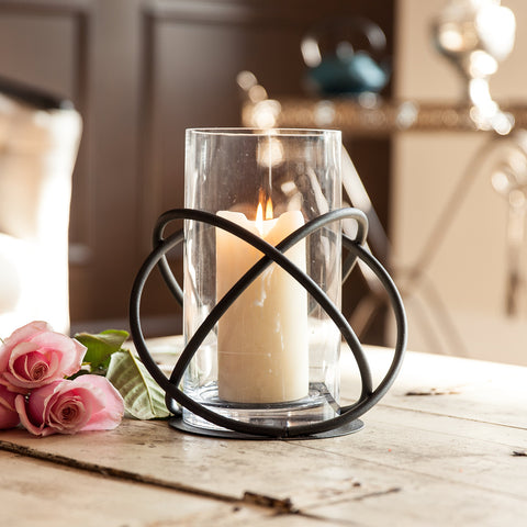Danya B. Rustic Home Décor, Large Indoor/Outdoor Orbits Centerpiece for Dining Table and Patio, Iron Metal and Glass Hurricane Vase Candleholder, Gift for Wedding, Housewarming and Birthday