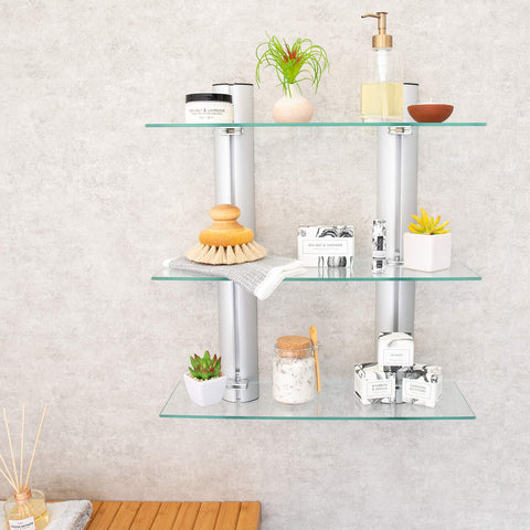 Danya B HA83163 Bathroom Shelving Unit – Decorative Wall-Mount 3-Tier Adjustable Glass Wall Shelves on Aluminum Bars – Bathroom Shelf, Wall Mount Shelf