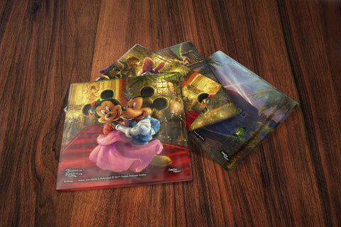 Disney Mickey and Minnie Mouse in Hollywood Glass 4 Piece Coaster Set - Thomas Kinkade - Comes with Stylish Modern Wooden Holder