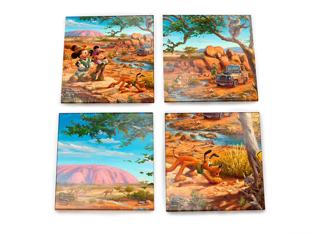 Disney Mickey and Minnie Mouse in Hollywood Glass 4 Piece Coaster Set - Thomas Kinkade - Comes with Stylish Modern Wooden Holder
