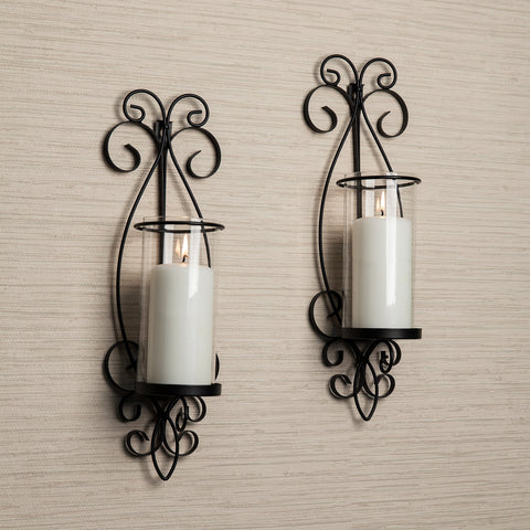 San Remo Wall Candle Sconce Set with Glass Hurricanes - Wrought Iron - Set of 2- Easy to Hang - Contemporary Home Décor by Danya B.